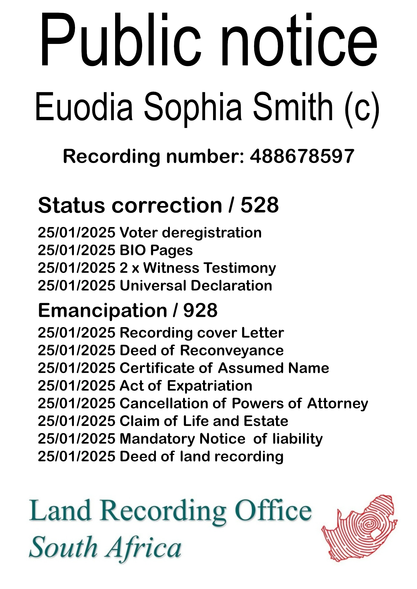Public Notice Euodia Sophia Smith Recording Number 488678597